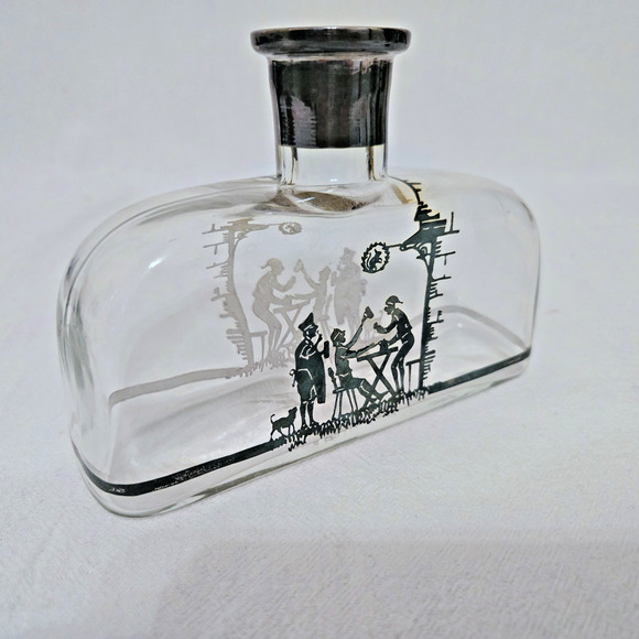 Vintage STERLING SILVER Overlay Glass Decanter Bottle Playful Scene Front/Back - Picture 10 of 12